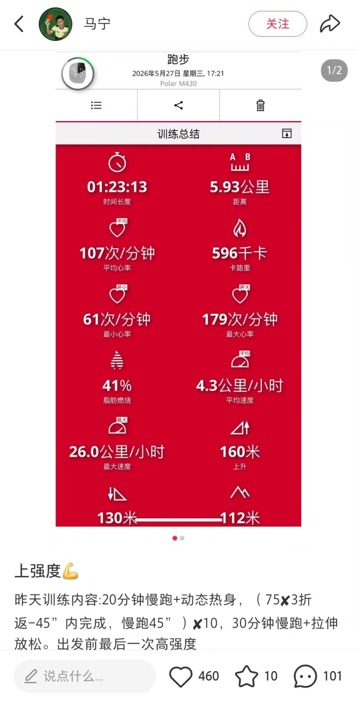 马宁入驻小红书,晒训练数据:启程前最后一练 马宁入驻小红书,晒训练数据:启程前最后一练