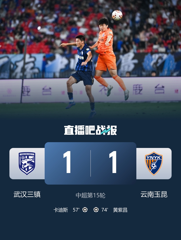 卡迪斯连续7场破门 武汉三镇1-1玉昆八轮不胜深陷降级区
